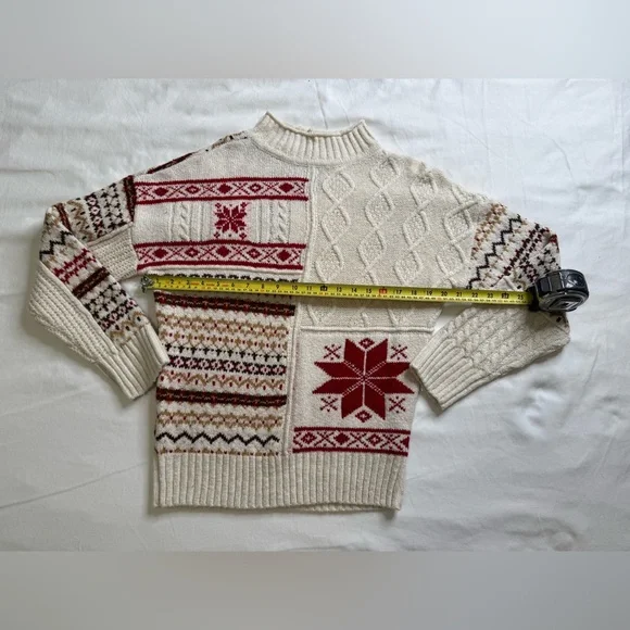 American Eagle Patchwork Fair Isle Sweater Nordic Cable Knit Cream Red Pullover - Picture 9 of 10